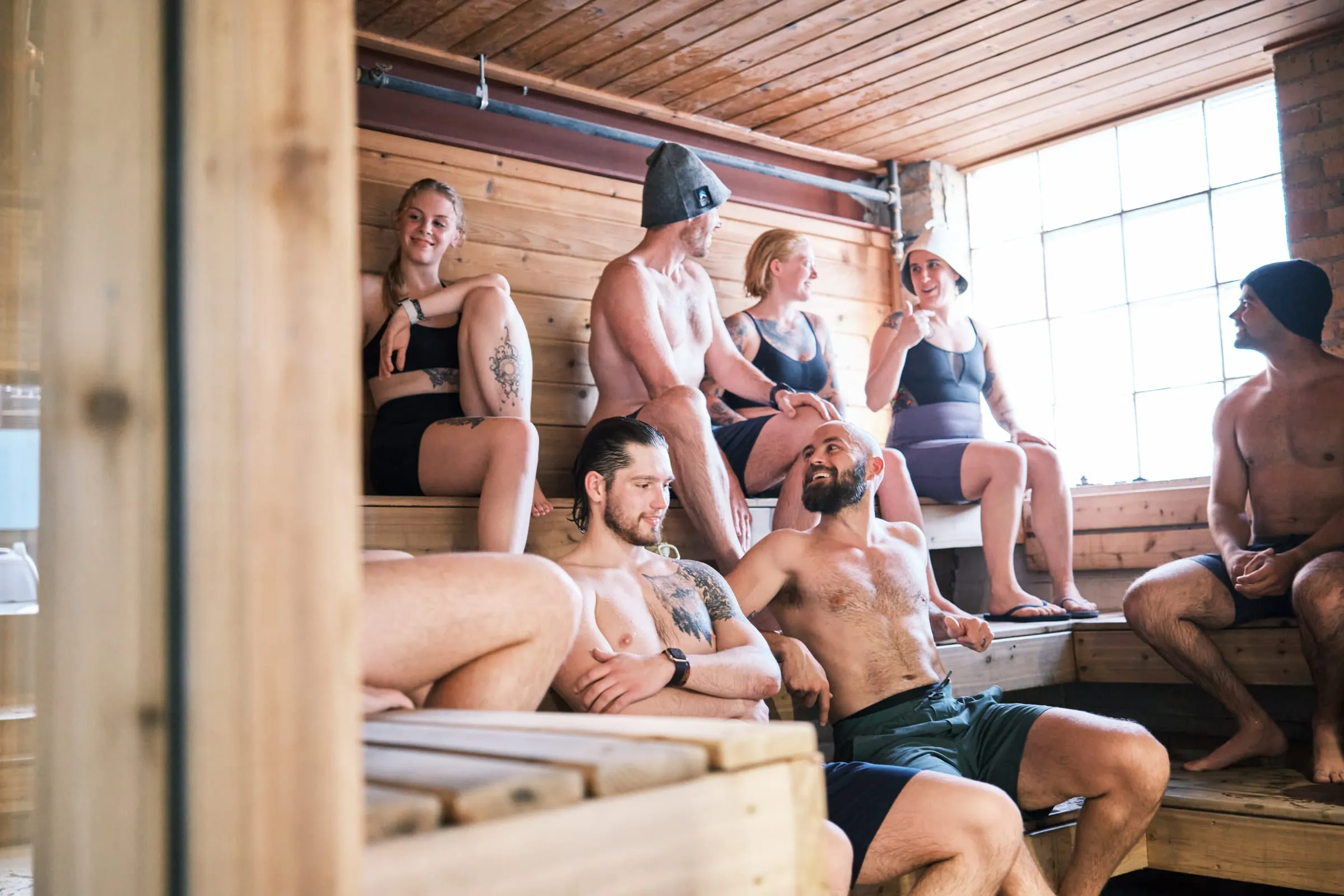 A group of members relaxing in the Minneapolis sauna